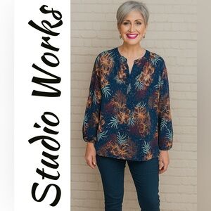 Studio Works Women's Top - Navy and Rust Floral